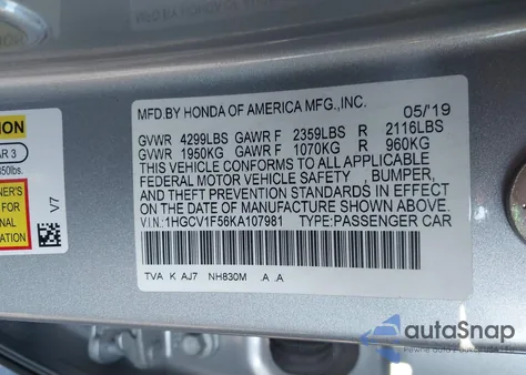2019 Honda Accord Ex-L from USA, damaged, VIN 1HGCV1F56KA107981